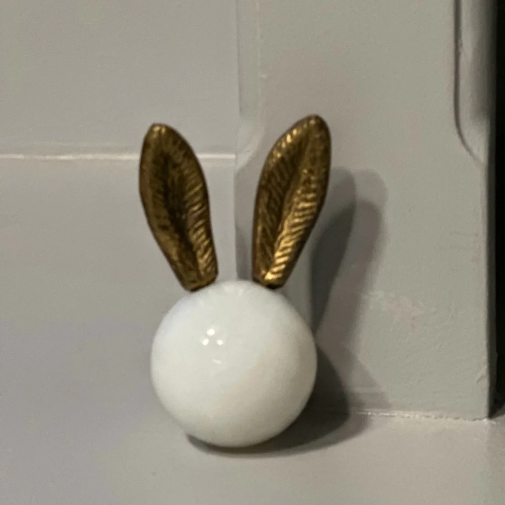 Anthropologie White Ceramic Knob with Gold Bunny Ears